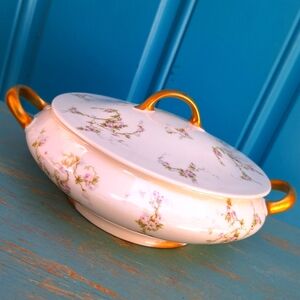 Limoges France Serving Bowl with Lid Pink Roses Gold Leaf Casserole Dish